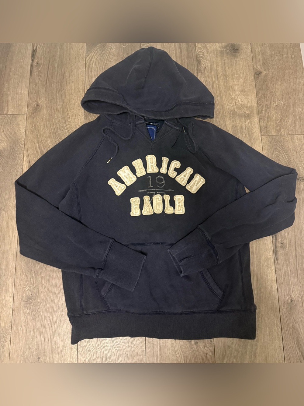 American Eagle Outfitters Navy Hoodie with Cream Appliqué